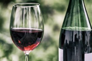 A glass of red wine next to a bottle of red wine. 