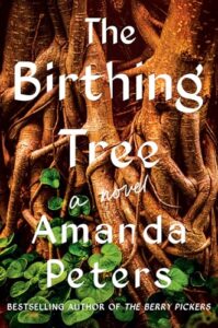 Book cover for The Birthing Tree by Amanda Peters. Image on cover shows a drawing of a tree with many gnarled branches and some gnarled roots that are sticking up out of the soil. 