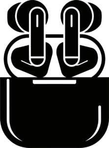 A black and white drawing of a pair of earbuds being taken out of their case. 