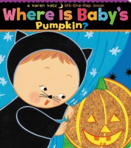 Book cover for Where Is Baby's Pumpkin? (Karen Katz Lift-the-Flap Books) by Karen Katz. Image on cover shows a drawing of a white brunette baby who is pulling back a blue curtain with stars print on it. Behind the curtain is a jack-o-lantern!