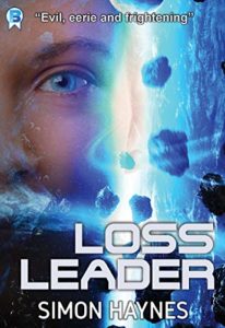 Loss Leader by Simon Haynes book cover. Image on cover shows a woman's face superimposed on space rocks orbiting a planet.