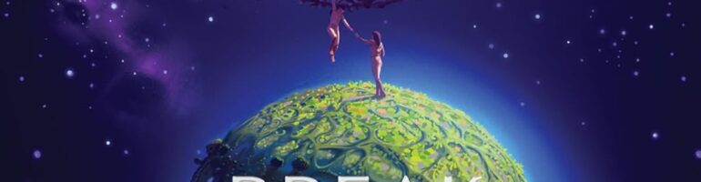 Book cover for As You Wake, Break the Shell by Becky Chambers. Image on cover shows two Earths floating through outer space, one green and blue like ours and a second one on top that is purple and pink.